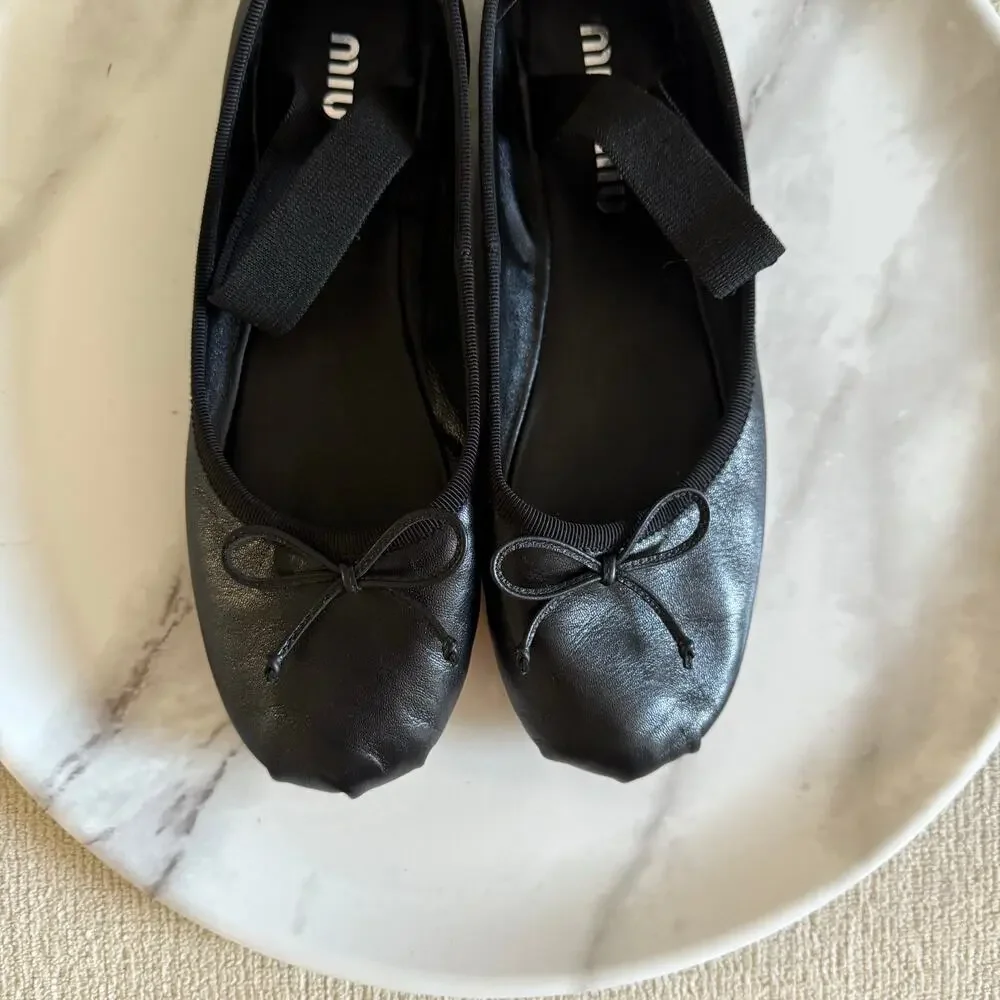 Miu Miu Logo Strap Black Leather Ballet Flats Shoes Black Size 36.5 - Picture 7 of 8